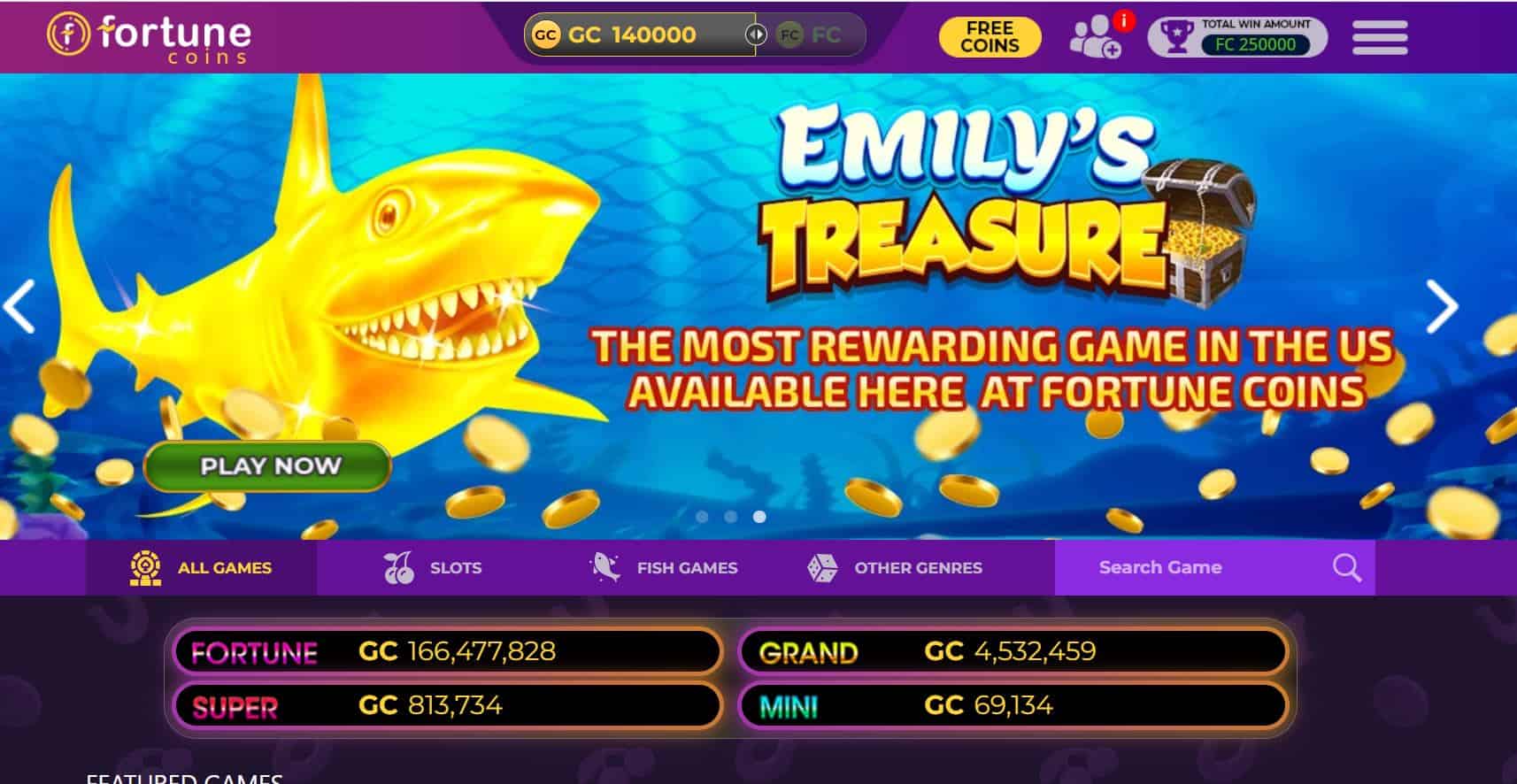 FortuneCoins Casino Homepage
