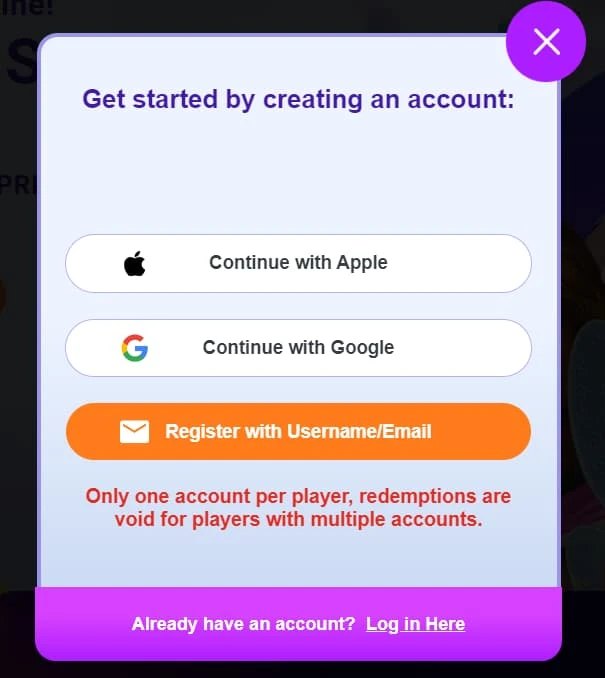 High 5 Casino Create Account Screen with Apple, Google, and Email options
