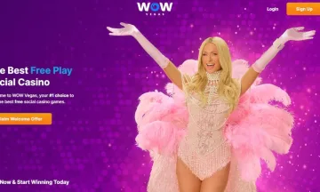 Wow Vegas homepage showing a glamorous woman welcoming new players against a purple gradient background