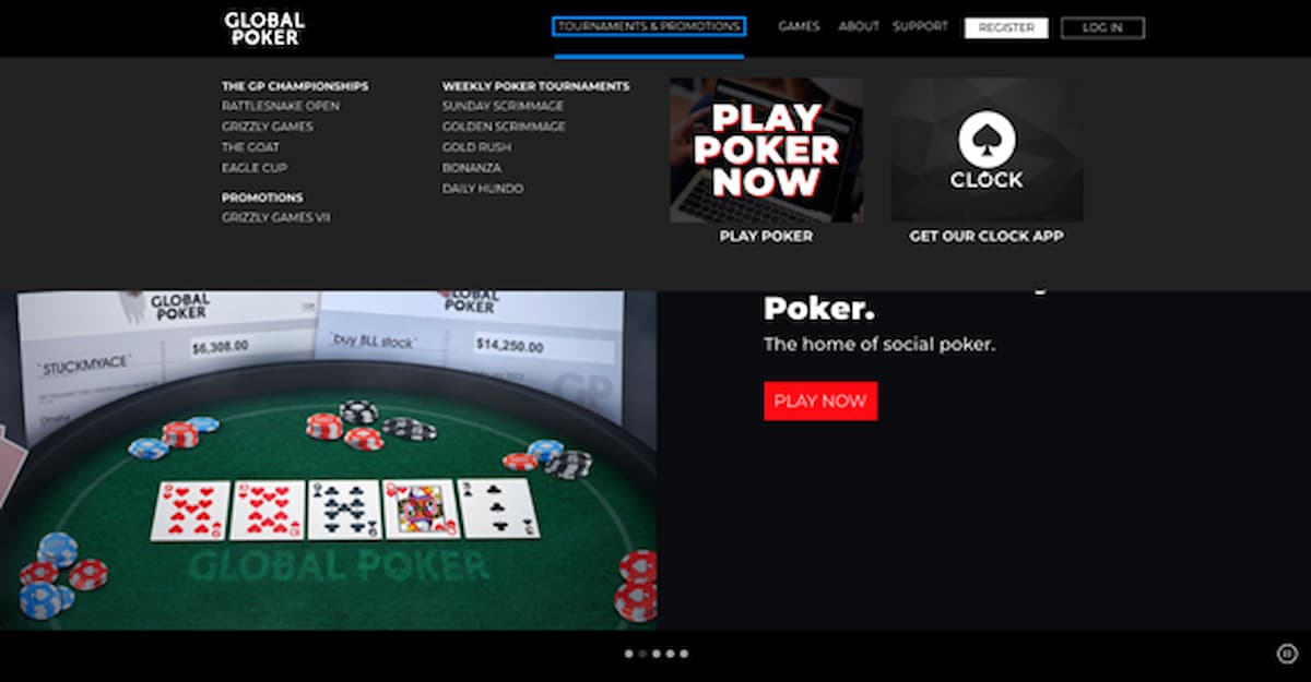 Global Poker homepage showcasing the interface and a virtual poker table