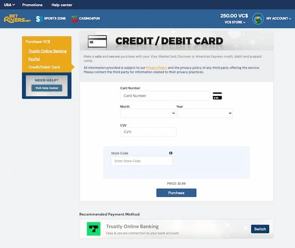 BetRivers.net Social Casino Credit Card Payment Method