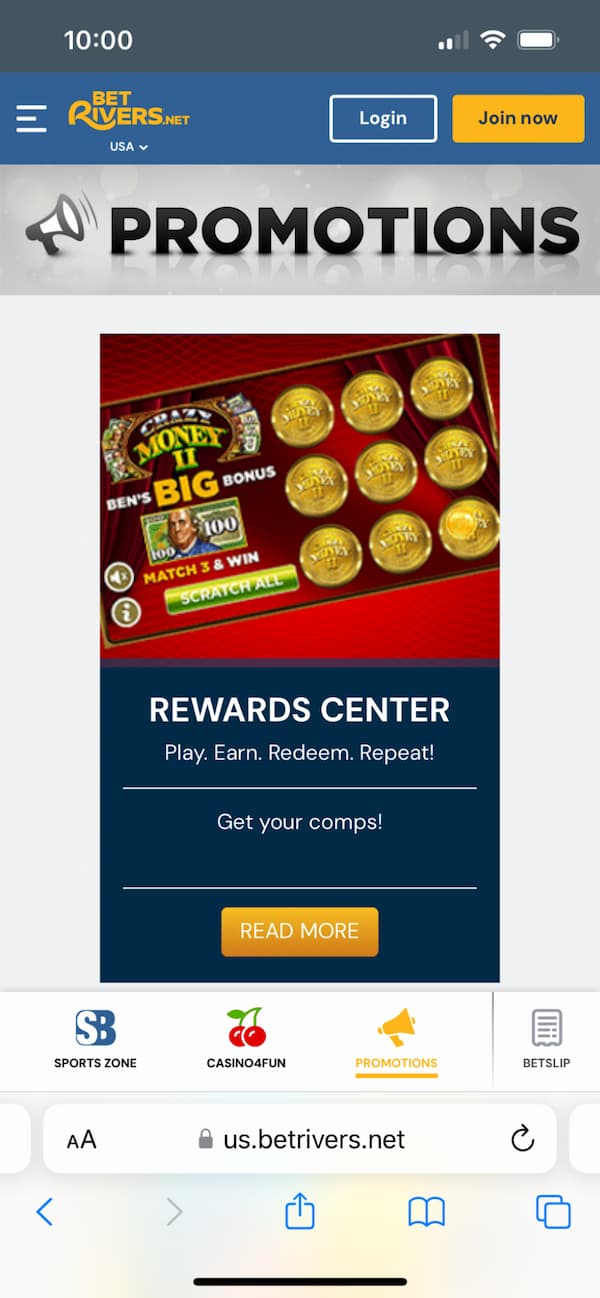 BetRivers.net Mobile Promotions Screen