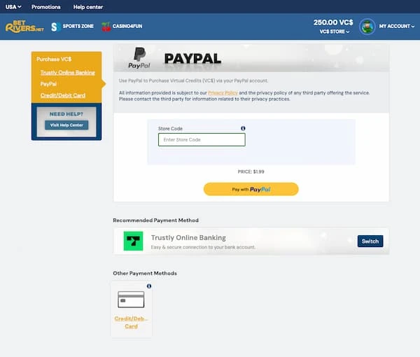 BetRivers.net Social Casino PayPal Payment Method