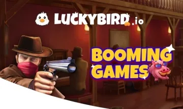 Luckybird casino and Booming Games logos on a wild west saloon background