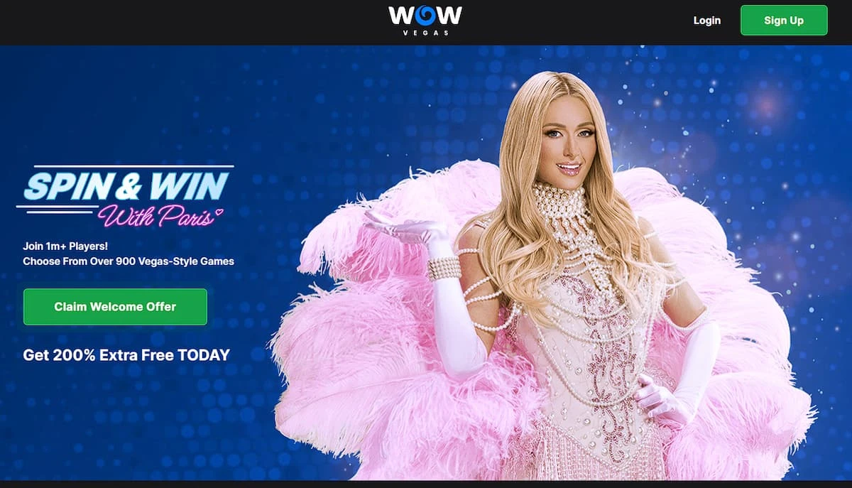 Wow Vegas Homepage with Paris Hilton on a blue background