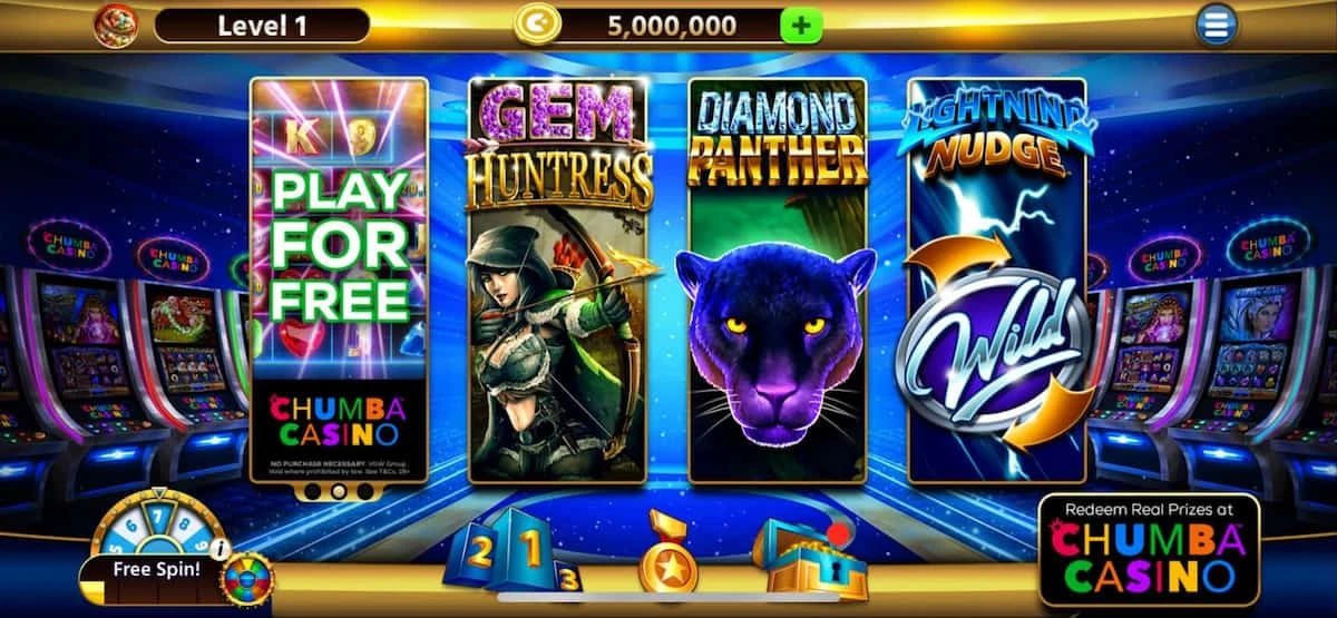 Chumba Casino App with three featured games: Gem Huntress, Diamond Panther, and Lightning Nudge