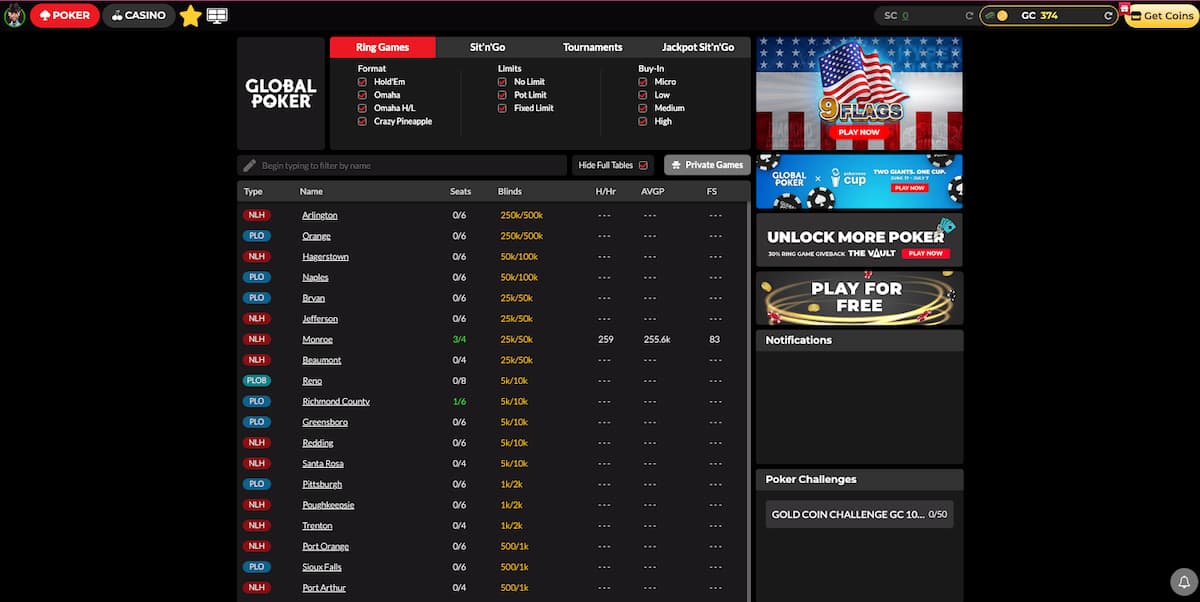Global Poker homepage showing the main menu with game types, locations and stakes