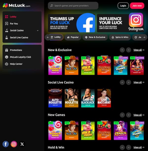 McLuck casino mobile lobby