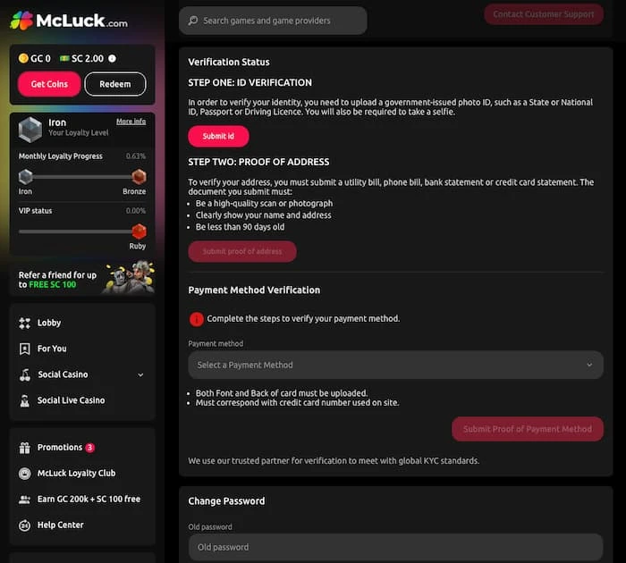 McLuck Casino Verification Status Screen