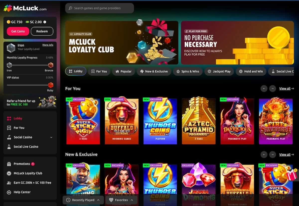 McLuck Sweepstakes Casino Homepage