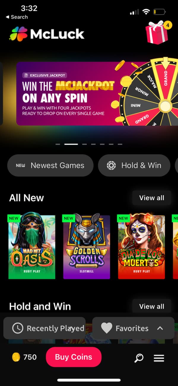 McLuck Casino mobile screen jackpot