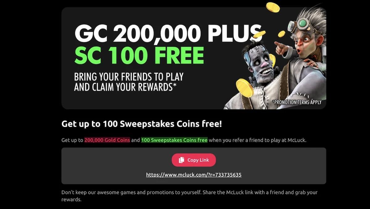 McLuck Casino refer a friend screen