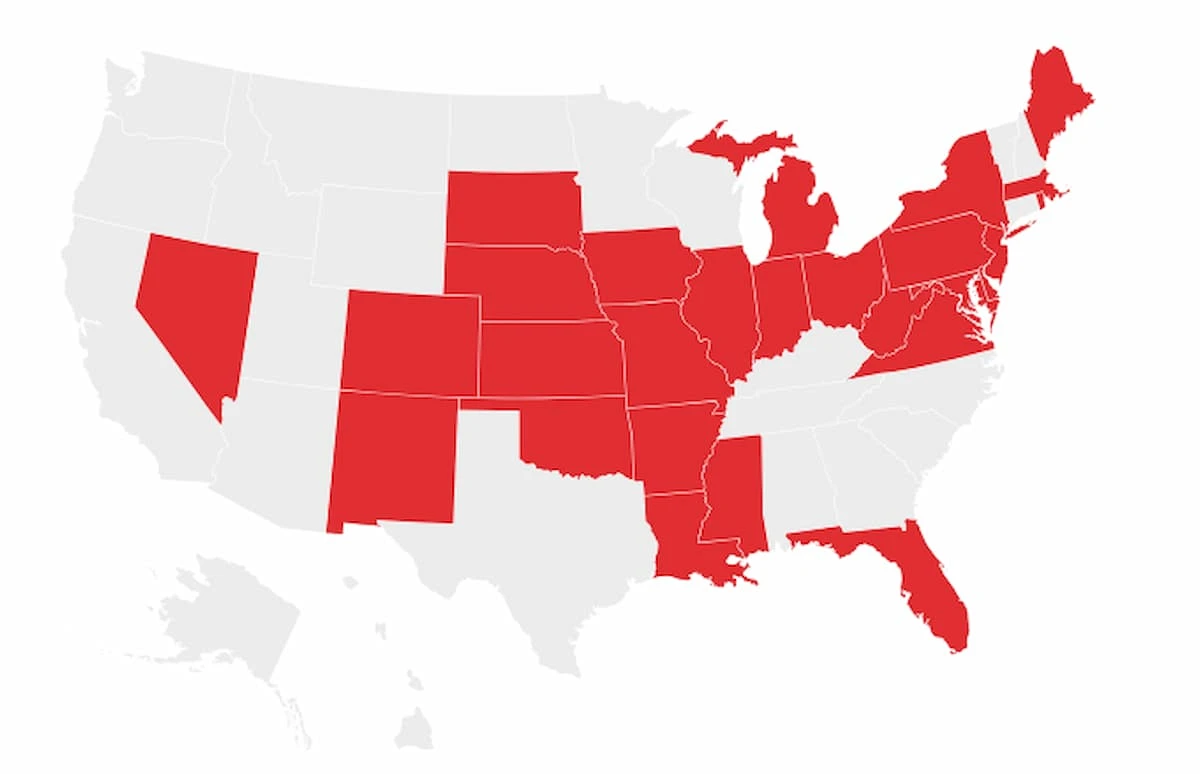 Map of the US with states where gambling is legal marked in red