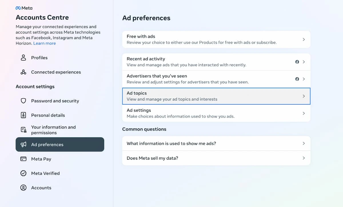 Meta Account Center Ad Preferences