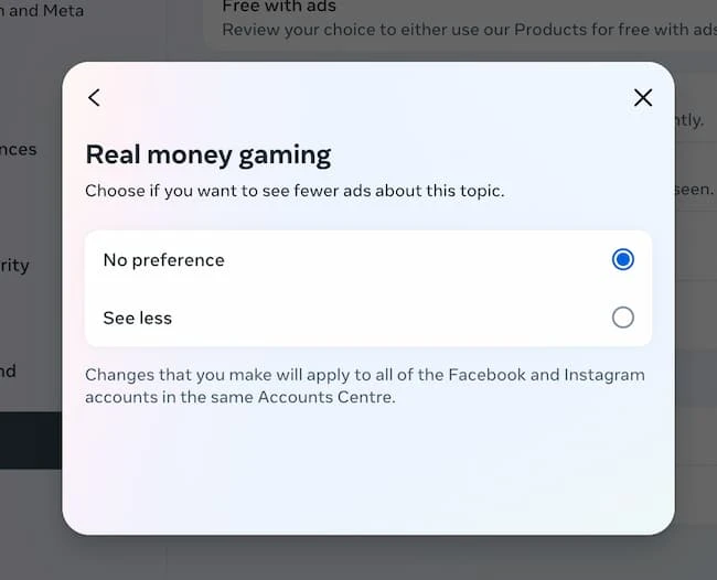 Meta Ad Center Option to Opt out of Real Money Gaming