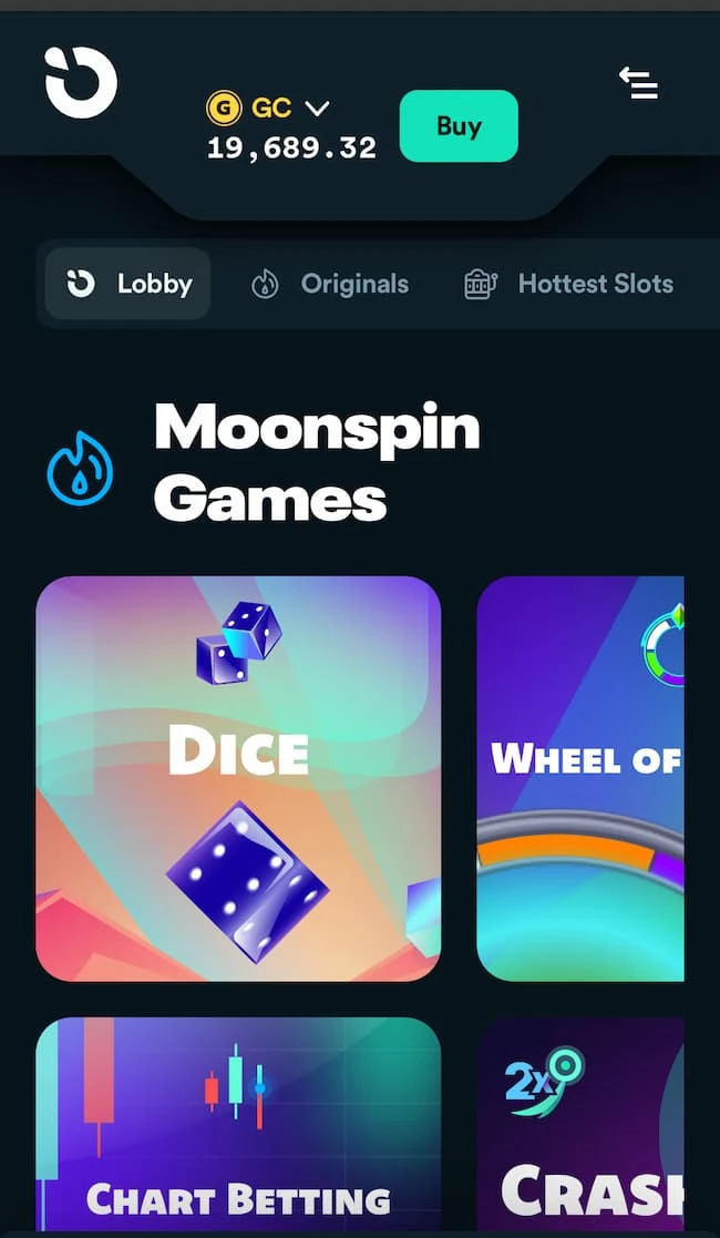 Moonspin casino mobile view of games