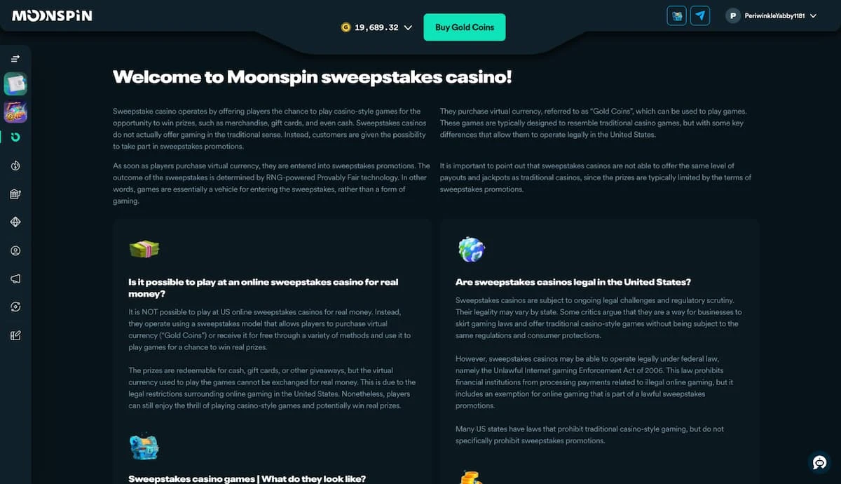 Moonspin Casino Welcome Message