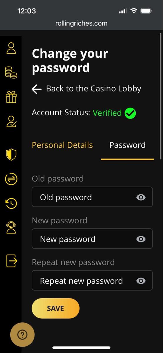 rolling riches casino change your password