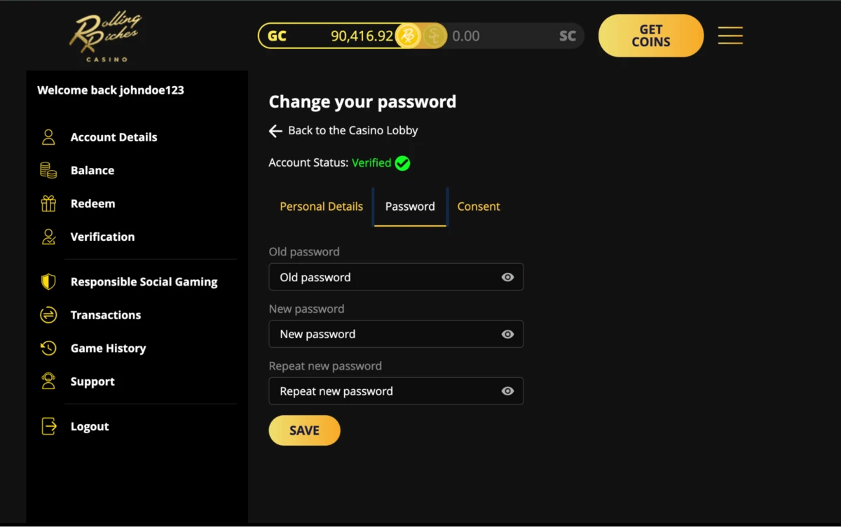 rolling riches casino change your password 