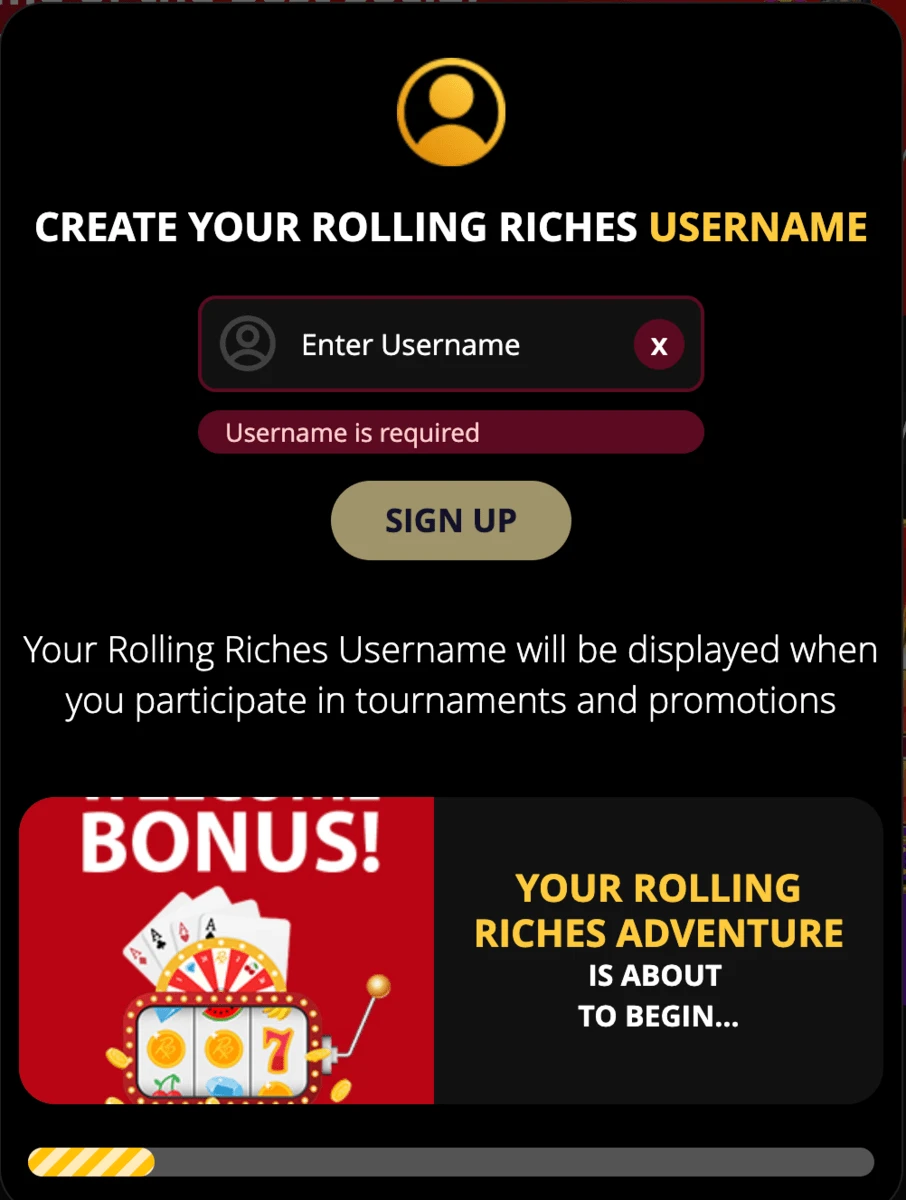 rolling riches casino create username