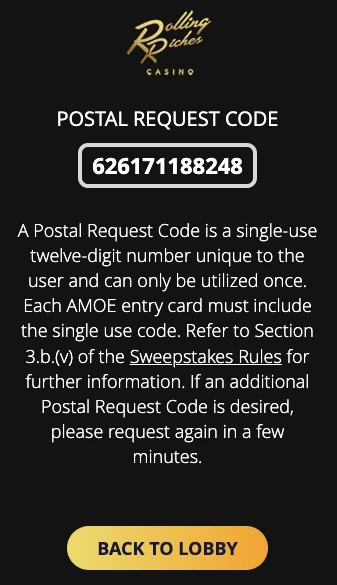 rolling riches casino postal request code 