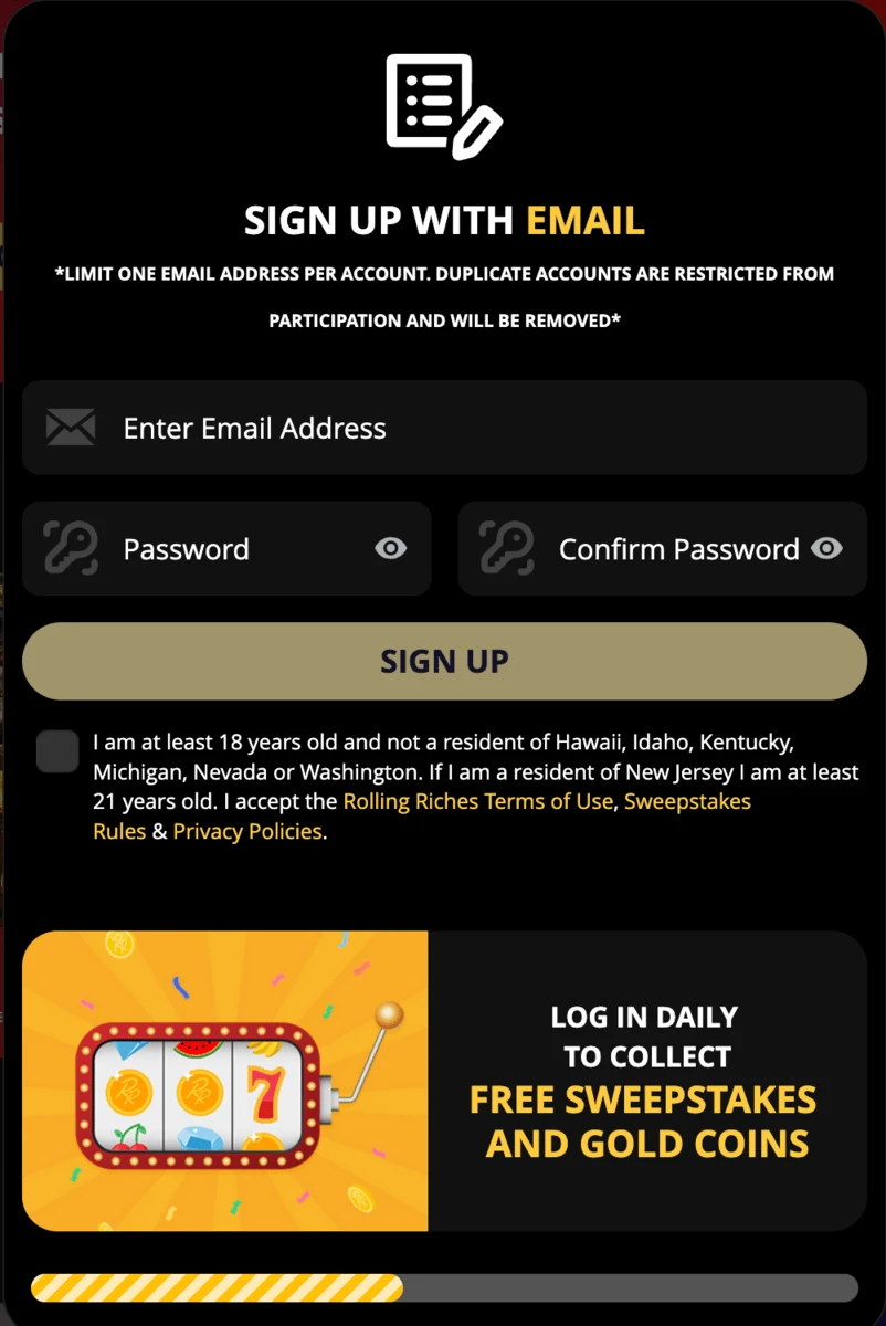 rolling riches casino sign up with email 