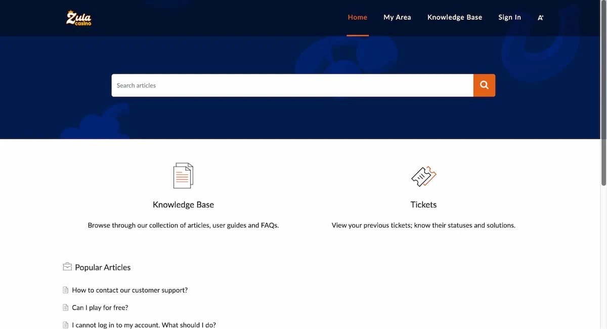 Zula Casino customer support screen, showing a search bar and several options like knowledge base, popular articles, and tickets