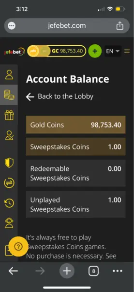 JefeBet Account Balance Mobile