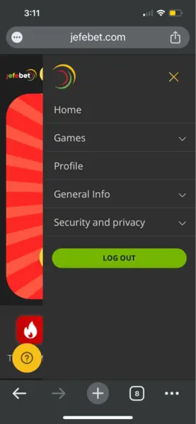 JefeBet Mobile Menu
