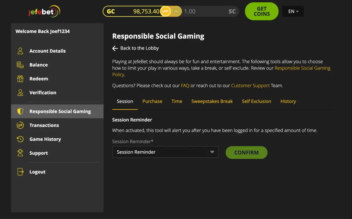 JefeBet Responsible Social Gaming Page