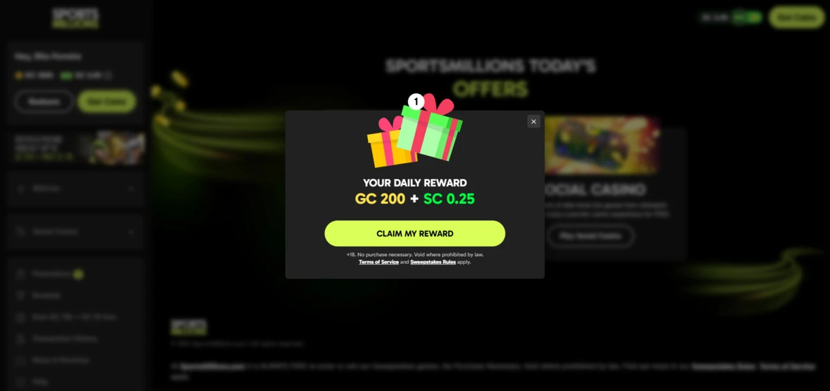 Sports Millions Social Sportsbook Daily Reward