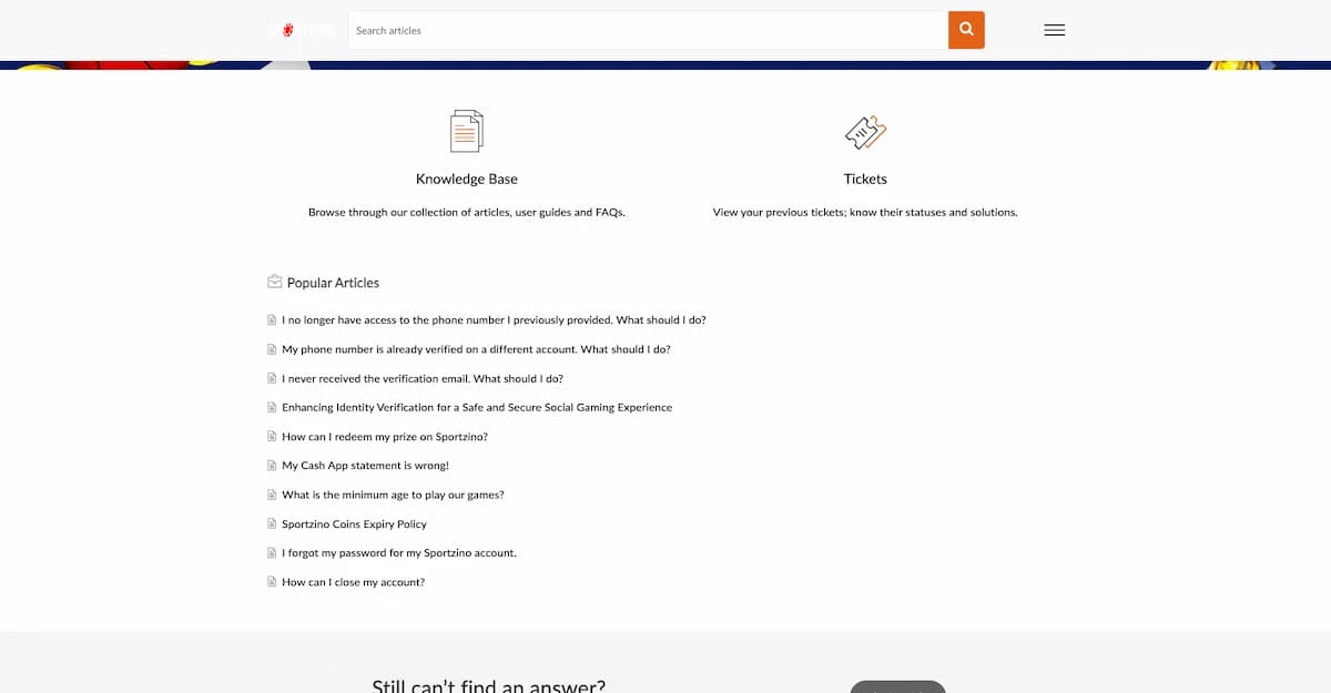Customer Support Screen for Sportzino Casino