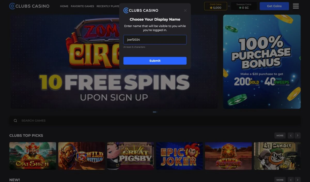 Clubs Casino Display Name Selection Prompt