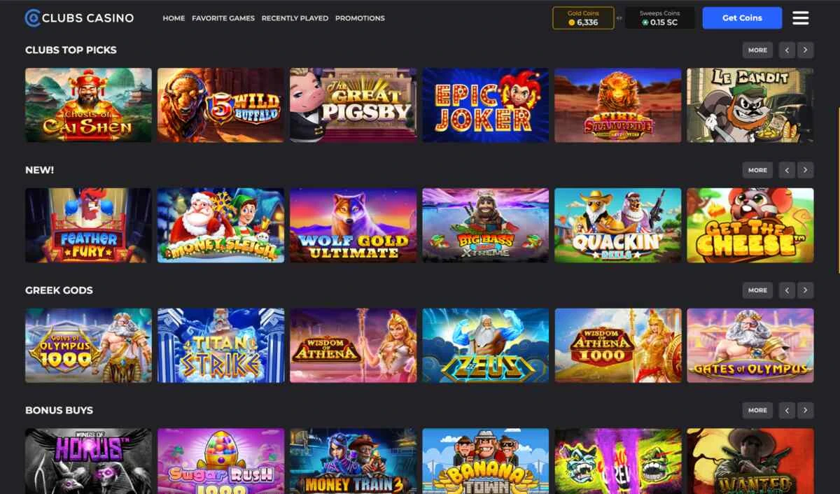 Clubs Casino Games Selection