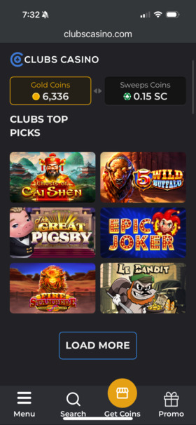 Clubs Casino Mobile Main Screen