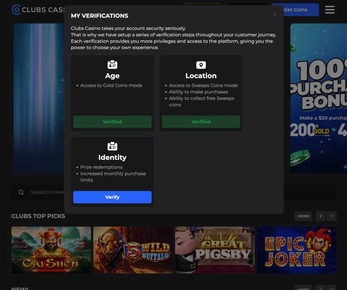 Clubs Casino Verification Options