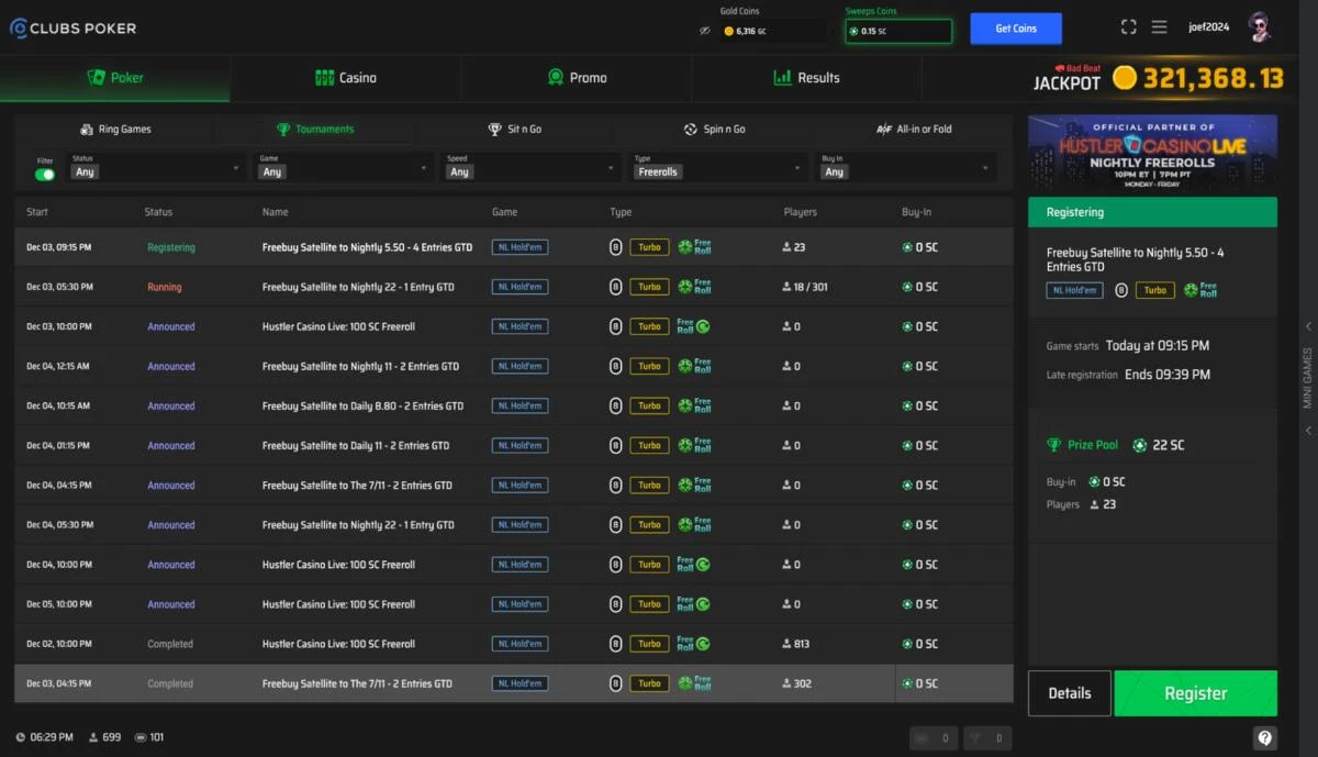 Clubs Poker Tournaments Sweeps Coins