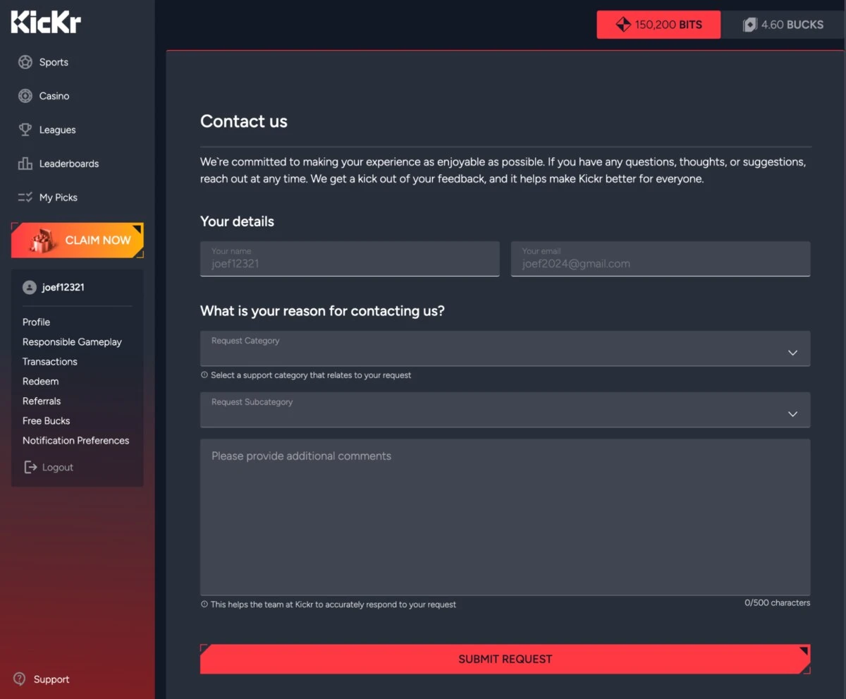 Kickr Casino Contact Us Form